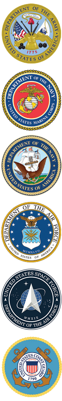 Logos of the military branches including the army, the navy, the national guard, the air force, the marines, and the space force